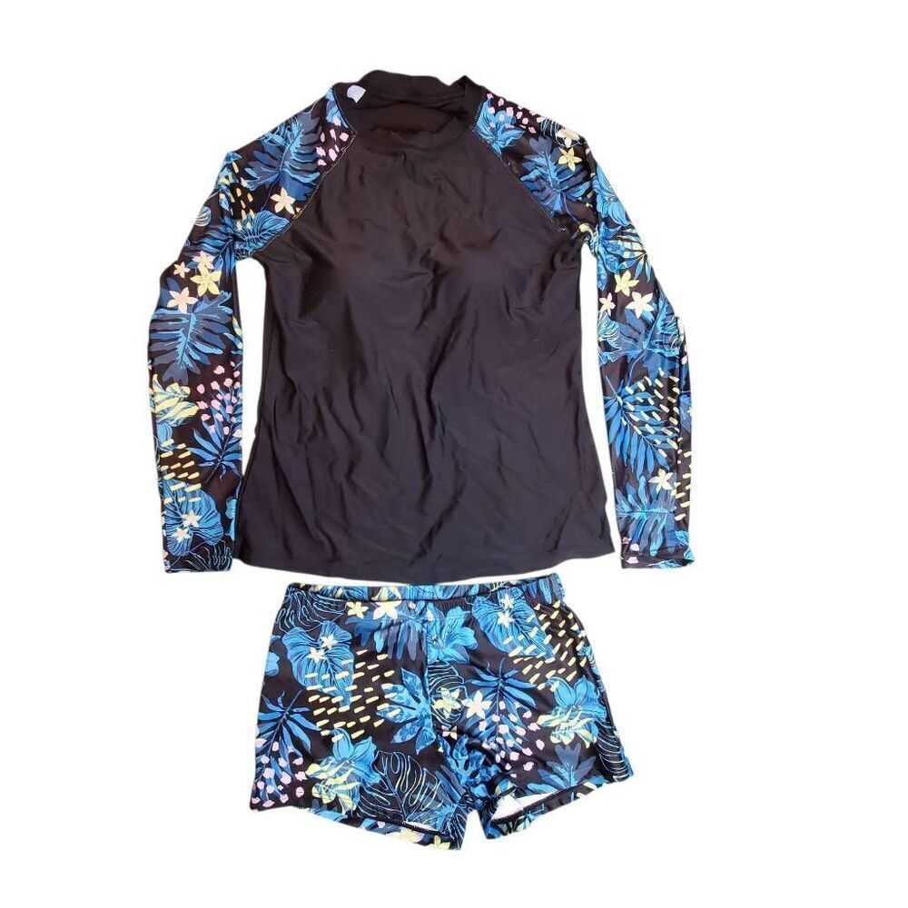 Hawaiian Print 2 Piece Swimsuit Long Sleeve Top With Boy Shorts Size XS